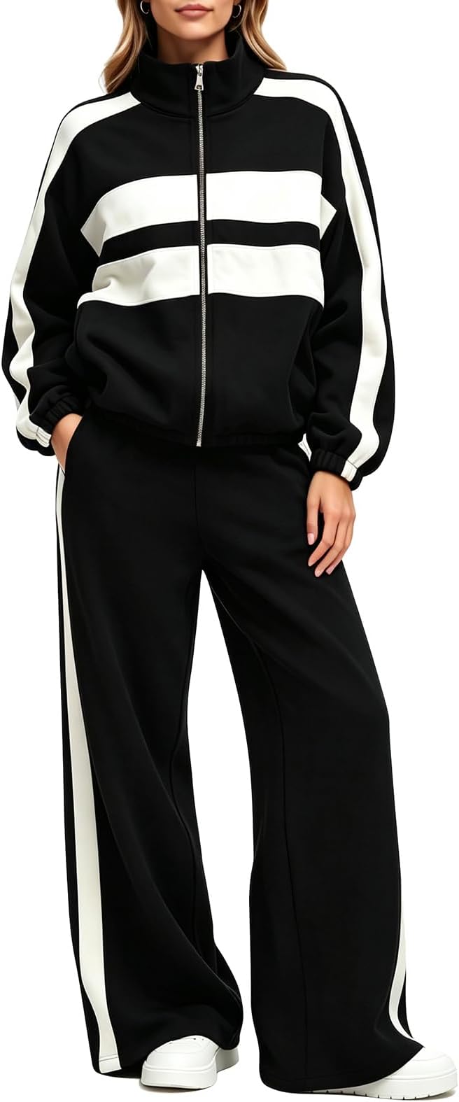 aswulk Women's Striped Zip Up Set Two Piece Sports Suit