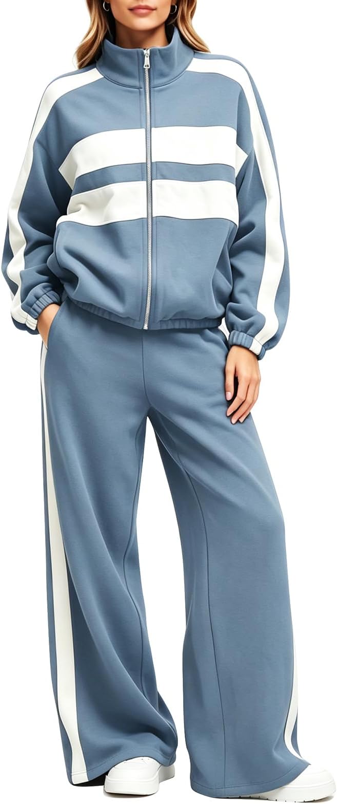 aswulk Women's Striped Zip Up Set Two Piece Sports Suit