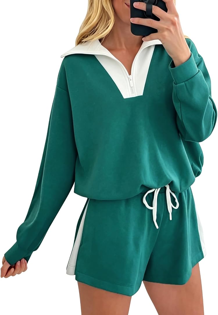 aswulk Women Zip Quarter Sweatsuits 2 Piece Outfits Shorts Sets