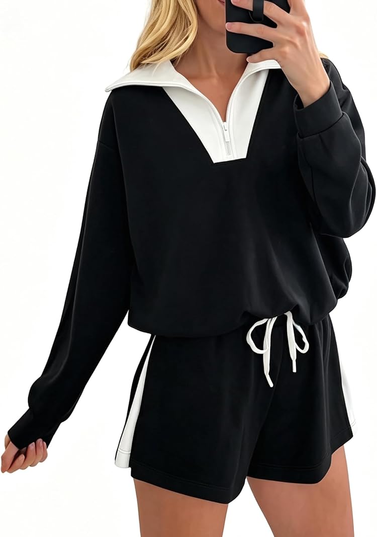 aswulk Women Zip Quarter Sweatsuits 2 Piece Outfits Shorts Sets