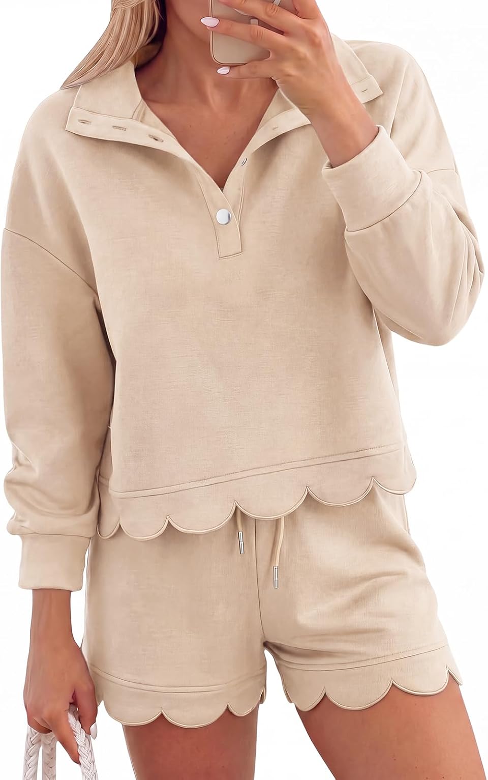 aswulk Women 2 Piece Sweatsuits Scalloped Half Button Workout Lounge Sets